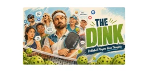 Illustrated hero image for The Dink pickleball movie reaction article, showing pickleball players roasting the trailer while still planning to watch