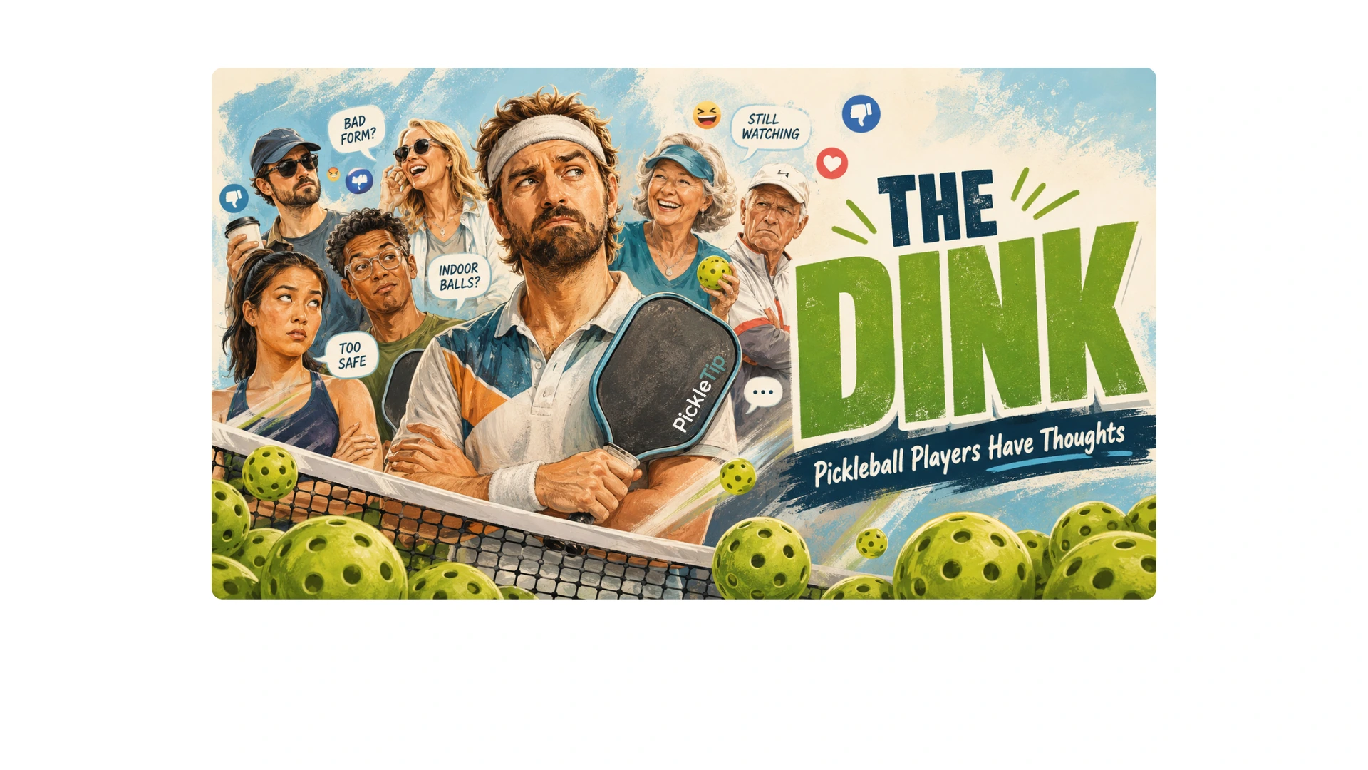Illustrated hero image for The Dink pickleball movie reaction article, showing pickleball players roasting the trailer while still planning to watch
