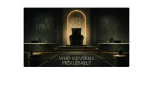 Shadowed figure seated between USA Pickleball and UPA-A, symbolizing divided authority in pickleball.