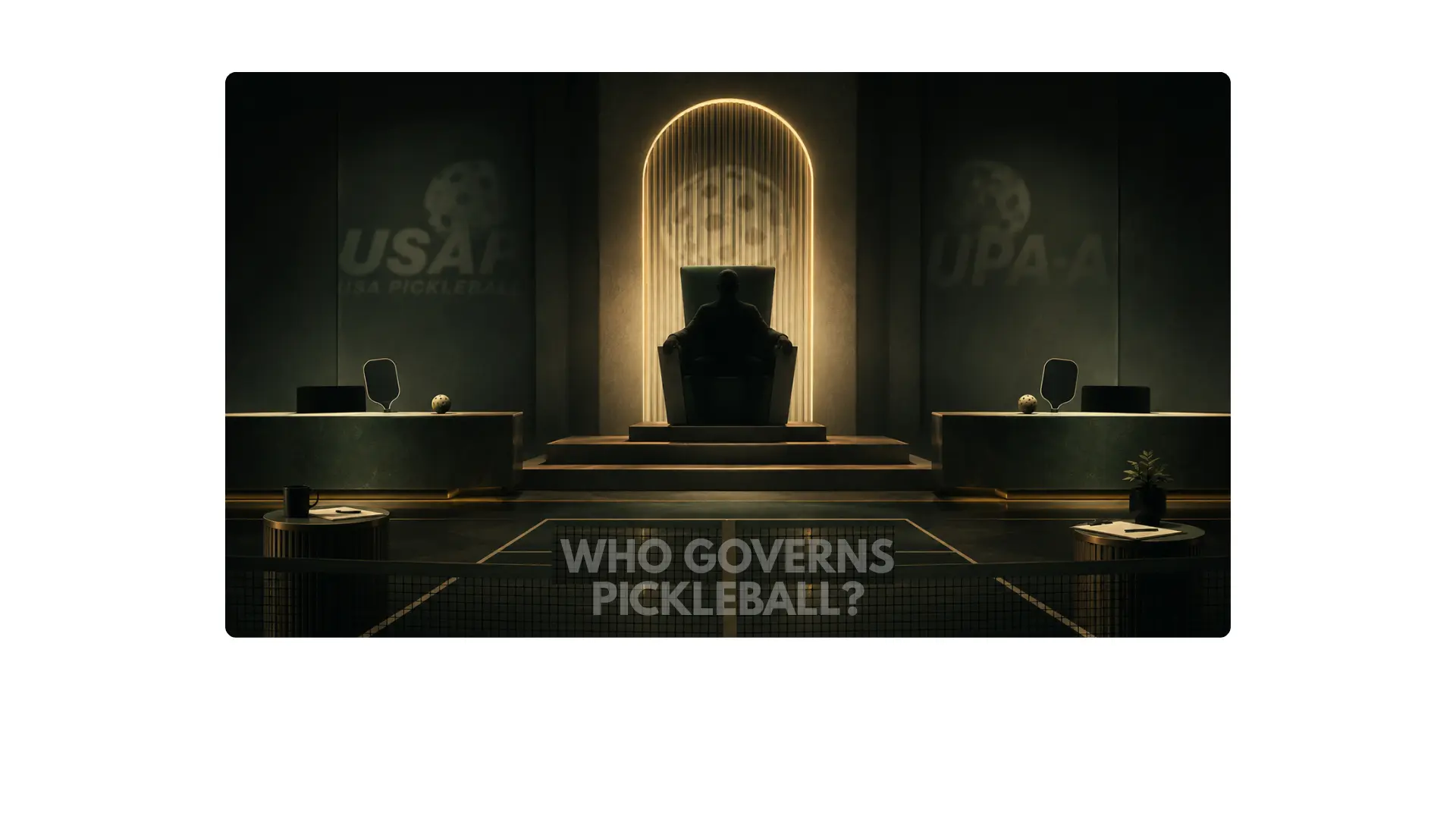 Shadowed figure seated between USA Pickleball and UPA-A, symbolizing divided authority in pickleball.