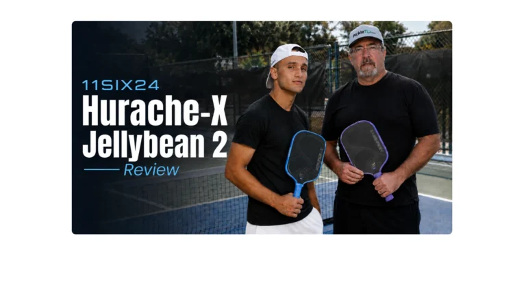 Coach AJ and Coach Sid holding 11SIX24 Hurache-X Jelly Bean 2 pickleball paddles on a pickleball court