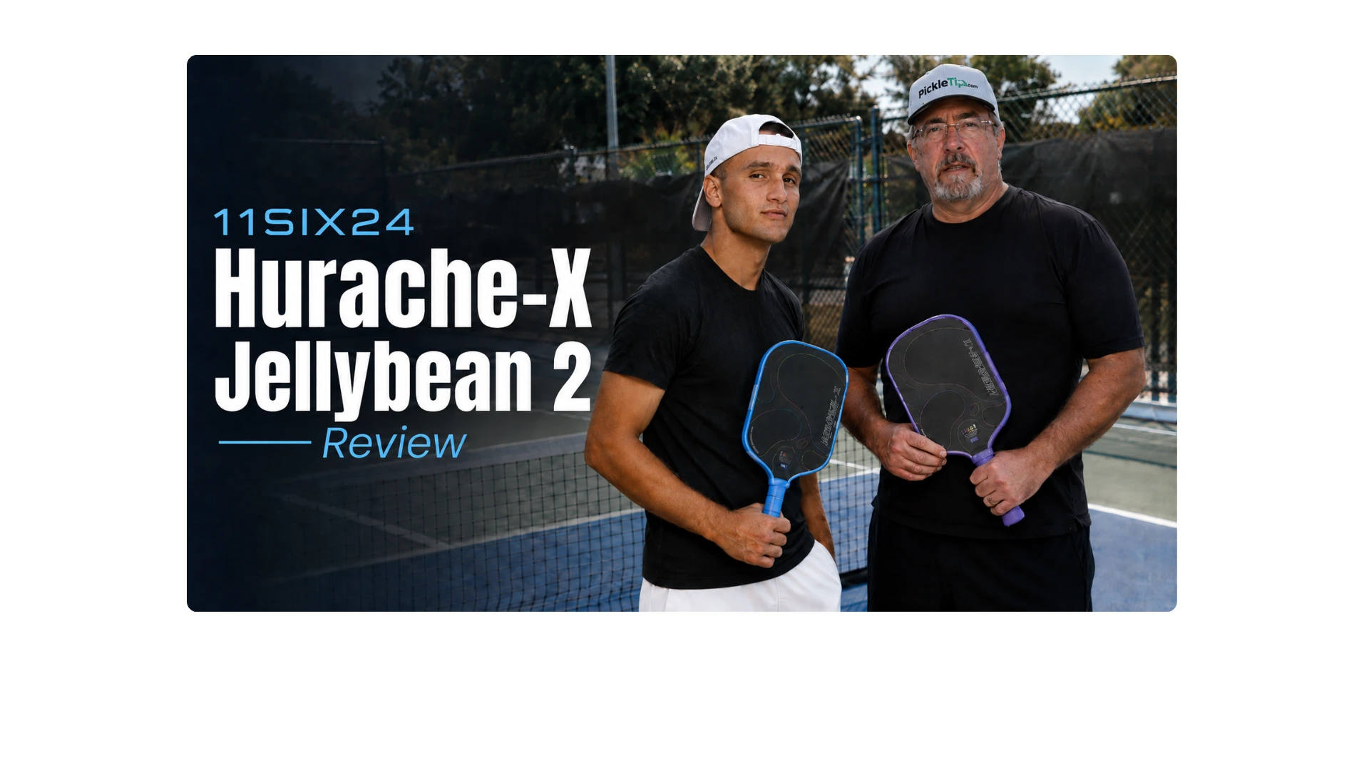 Coach AJ and Coach Sid holding 11SIX24 Hurache-X Jelly Bean 2 pickleball paddles on a pickleball court