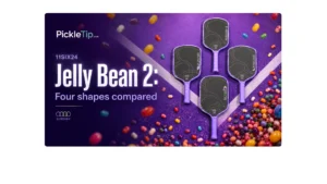 Four 11SIX24 Jelly Bean 2 paddle shapes arranged on a purple court with colorful jelly beans