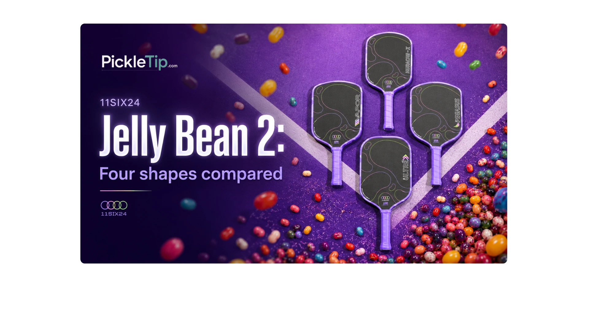 Four 11SIX24 Jelly Bean 2 paddle shapes arranged on a purple court with colorful jelly beans