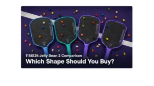 All four 11SIX24 Jelly Bean 2 pickleball paddle shapes—Hurache-X, Pegasus, Ultré, and Vapor—lying on a pickleball court with real jellybeans falling on them.