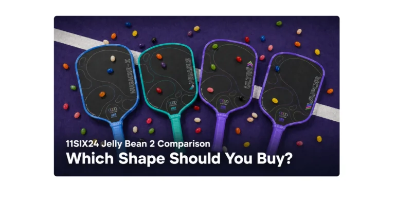 All four 11SIX24 Jelly Bean 2 pickleball paddle shapes—Hurache-X, Pegasus, Ultré, and Vapor—lying on a pickleball court with real jellybeans falling on them.