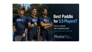 Three different 3.5ish pickleball players standing together on a court, illustrating that the best paddle for a 3.5 player depends on playing style