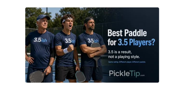 Three different 3.5ish pickleball players standing together on a court, illustrating that the best paddle for a 3.5 player depends on playing style