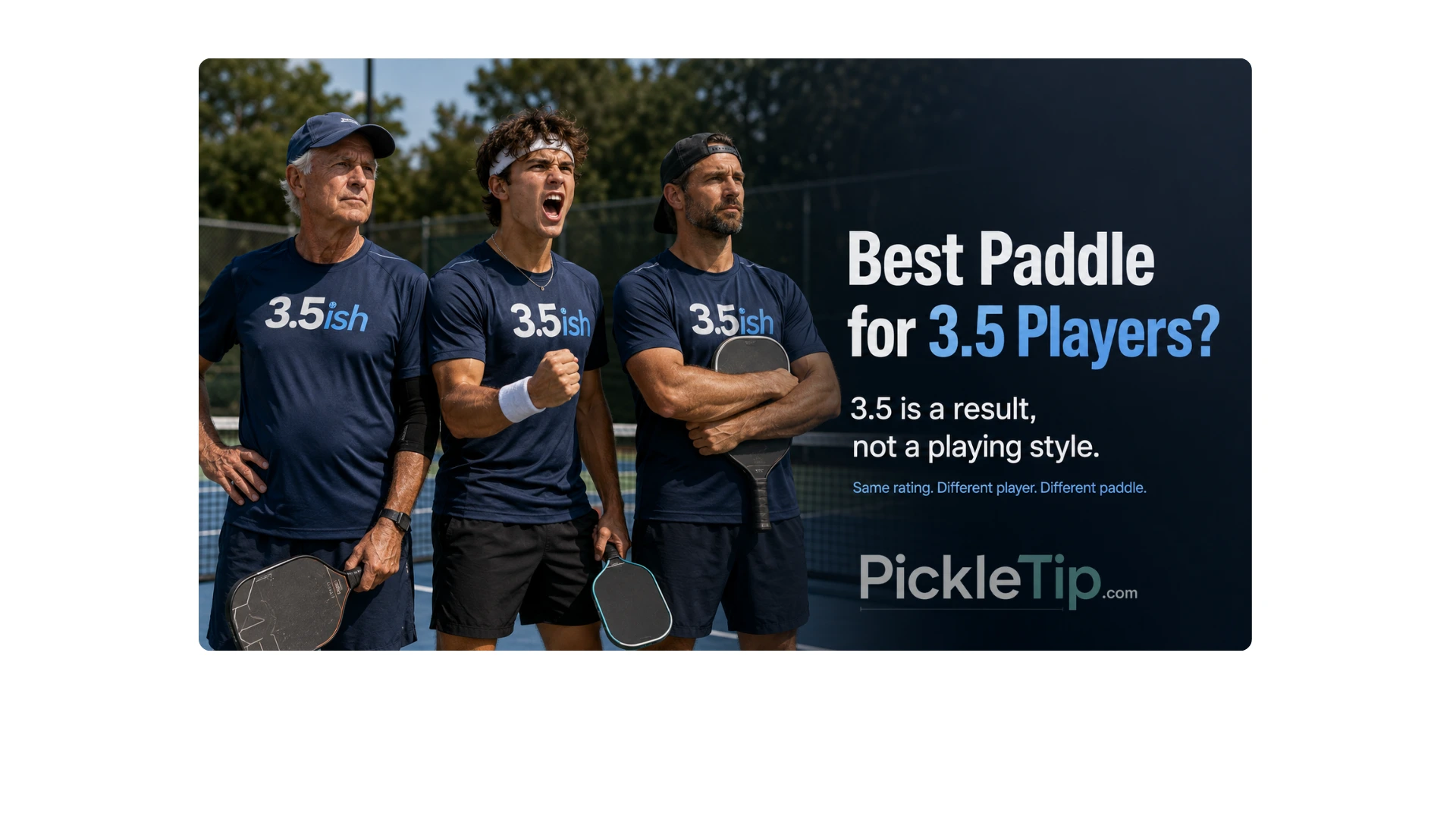 Three different 3.5ish pickleball players standing together on a court, illustrating that the best paddle for a 3.5 player depends on playing style
