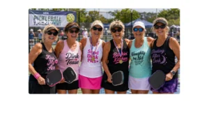 Women pickleball players posing after a tournament wearing funny dirty team name shirts like Kiss My Ace, Dink Tease, Send Dink Pics, Bitchin' Kitchen, Naughty by Net, and Dinking After Dark
