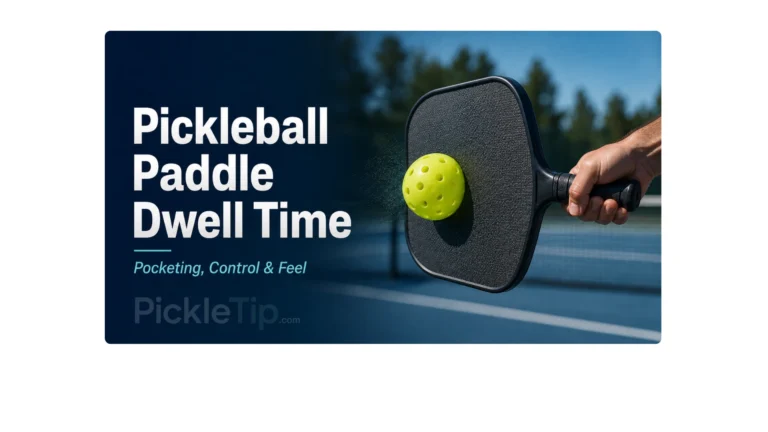 Pickleball compressing against a paddle face to illustrate dwell time and ball pocketing