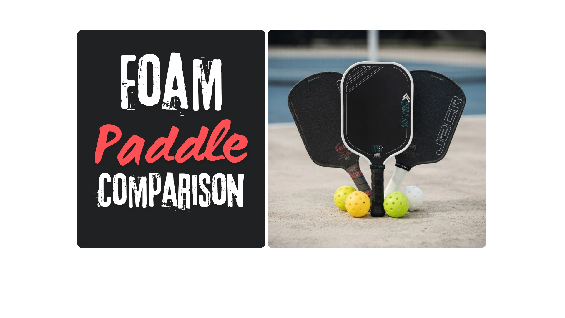 11SIX24 Ultré Power 2, Honolulu J2CR, and Six Zero Coral Pro Hybrid pickleball paddles arranged with pickleballs on a court