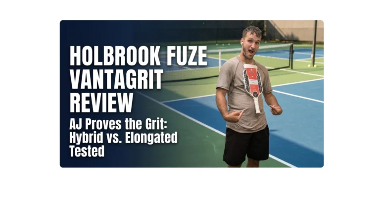 AJ showcasing the textured face of the Holbrook Fuze VantaGrit pickleball paddle before on-court testing.